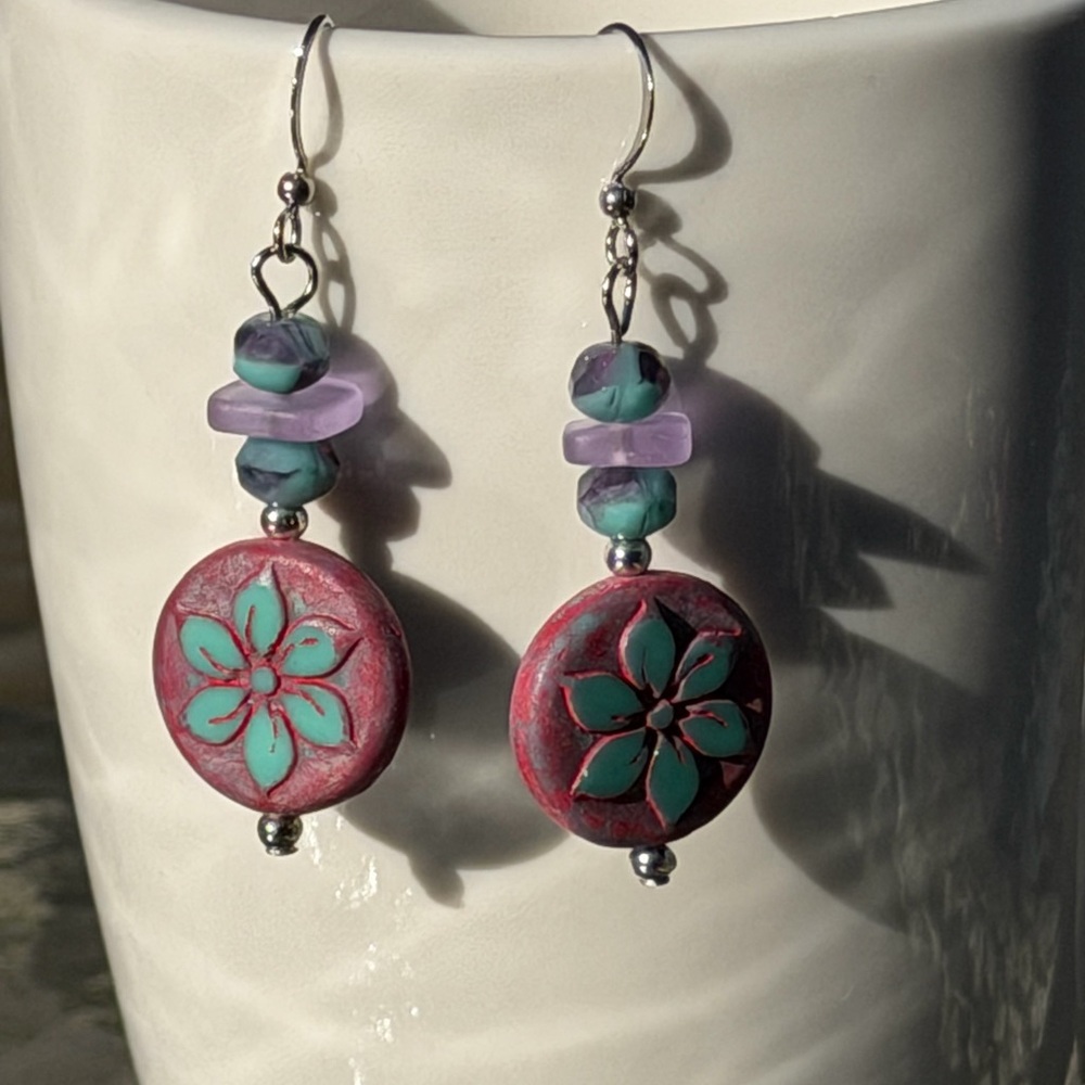 Handcrafted Floral Pink and Turquoise Czech Glass Earrings - Picture 13 of 16